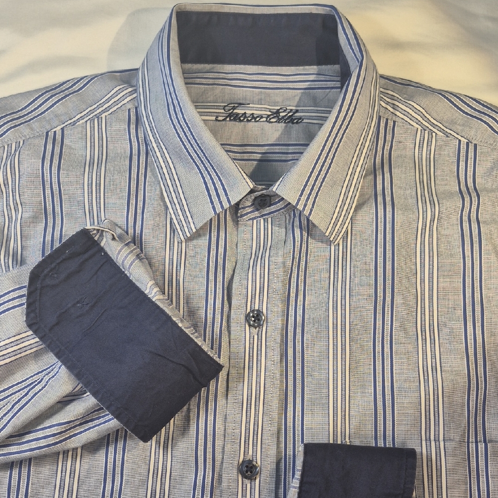 Tasso Elba Long Sleeve Blue and White Striped Button Down Mens Dress Shirt